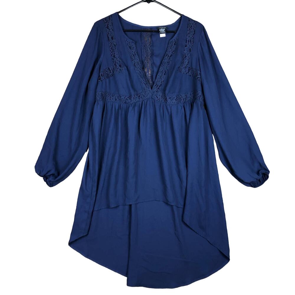 Torrid Womens Blouse Blue High Low Tunic V Neck Balloon Sleeve Lace Plus 0